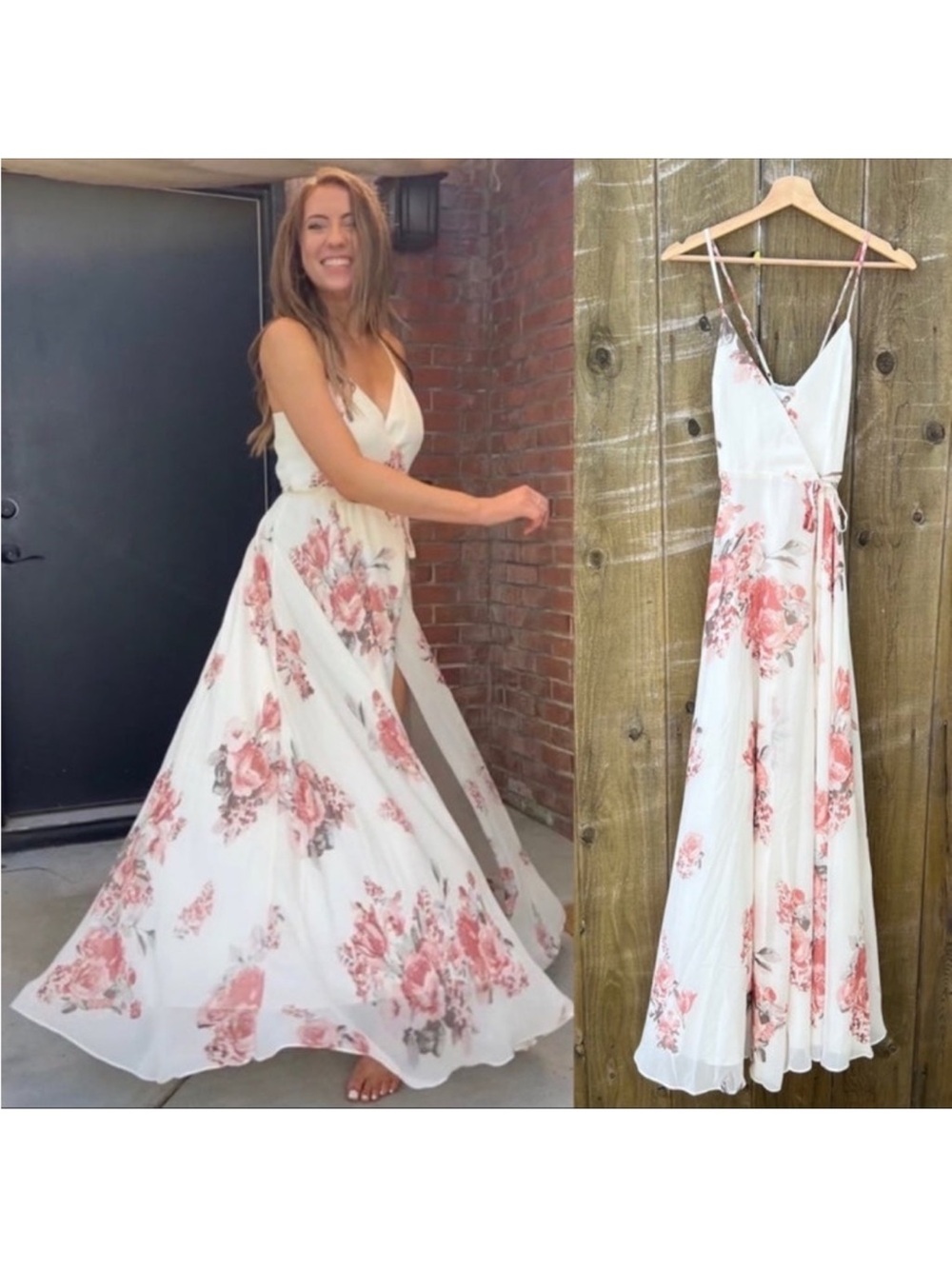 Elegantly Inclined Cream and Blush Pink Floral Wrap Chiffon Maxi Dress 🌿🪷
